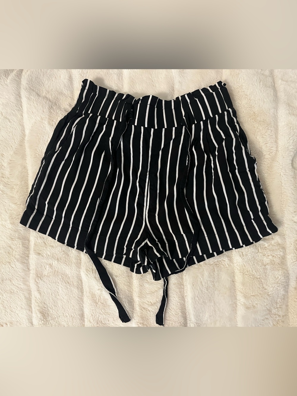 Black and White Striped Shorts with Tie